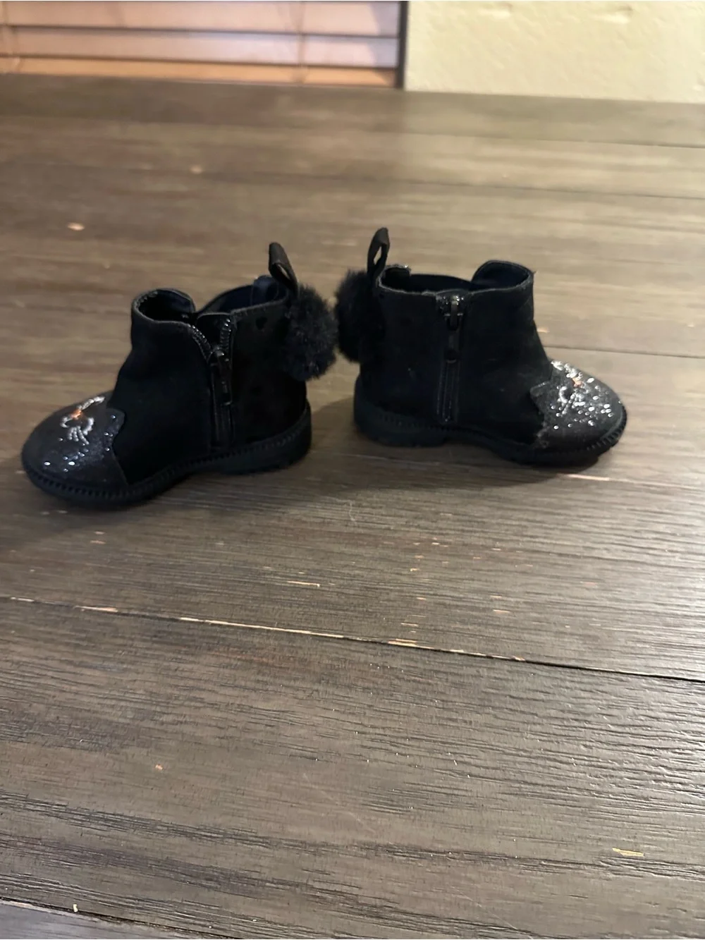Sz 4 Toddler Black Cat Face Glitter Ankle Boots